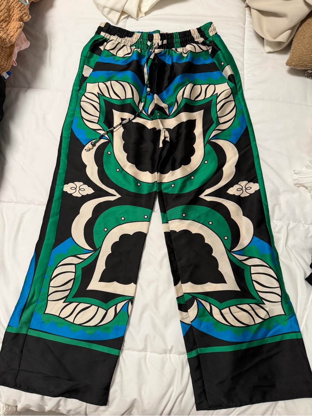 Zara Wide-Leg Patterned Satin Pants in Green, Blue, Black, Cream